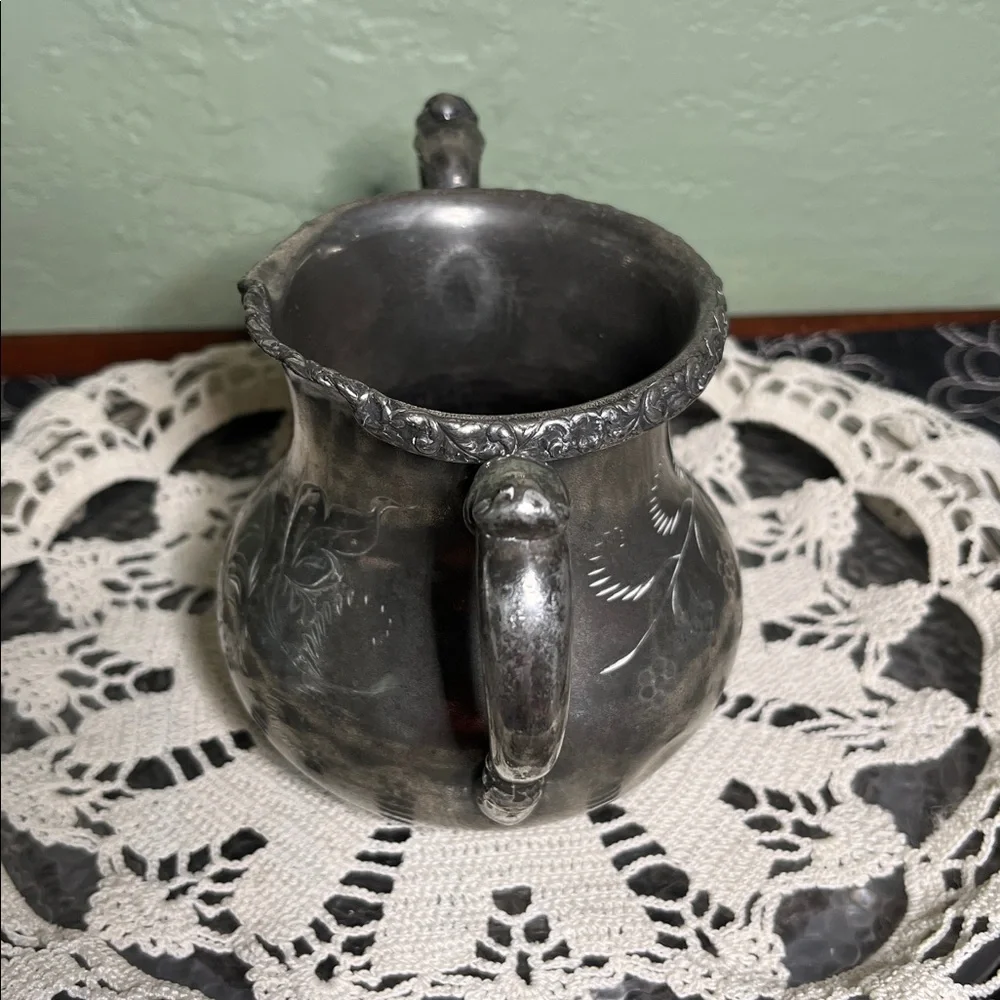 Vintage Silverplate Creamer with Floral Engraving Ornate Handles Antique